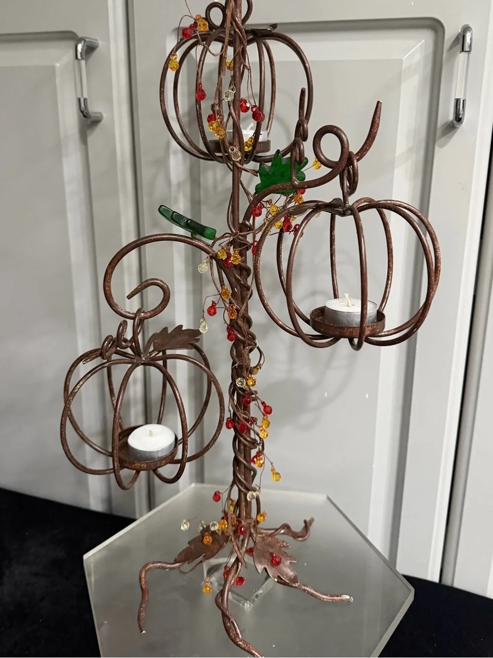 Pottery Barn Rustic Metal Bronze Brown Twig Branch 3 Pumpkins Tealight Holder